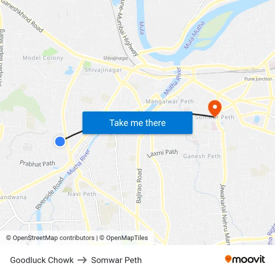 गुडलक चौक to सोमवार पेठ map