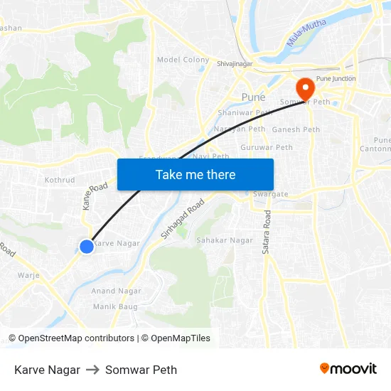 कर्वे नगर to सोमवार पेठ map