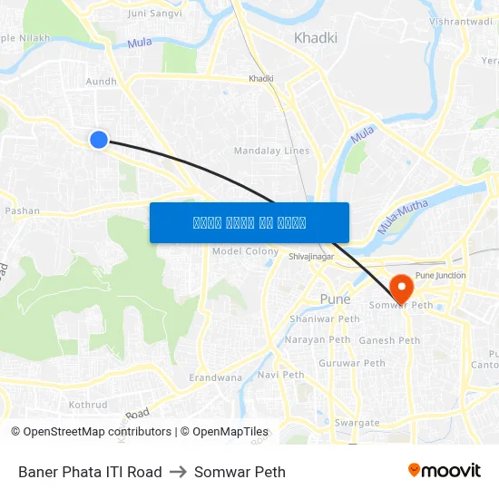 बाणेर फाटा आईटीआई रोड to सोमवार पेठ map