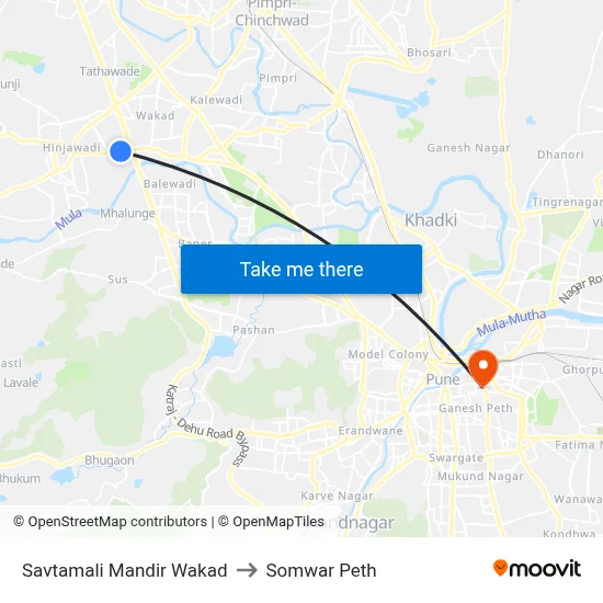 सावतामाळी मंदिर वाकड to सोमवार पेठ map