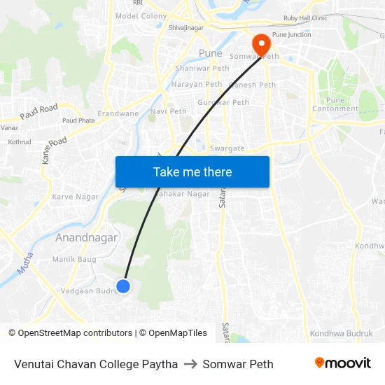 वेणुताई चव्हाण कॉलेज पायथा to सोमवार पेठ map