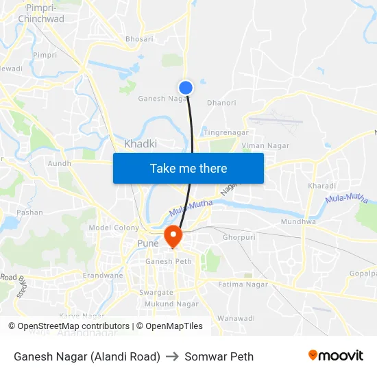 गणेश नगर (आलंदी रोड) to सोमवार पेठ map