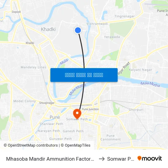 म्हसोबा मंदिर अम्युनिशन फैक्टरी रोड to सोमवार पेठ map