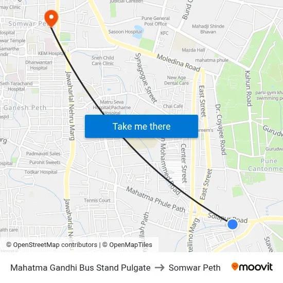महात्मा गांधी बस स्टैंड पुलगेट to सोमवार पेठ map