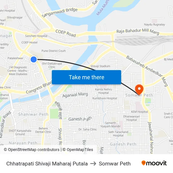 Chhatrapati Shivaji Maharaj Putala to Somwar Peth map