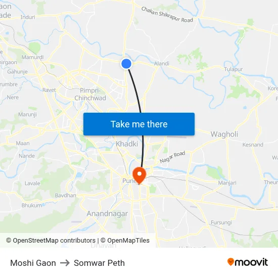 मोशी गाँव to सोमवार पेठ map