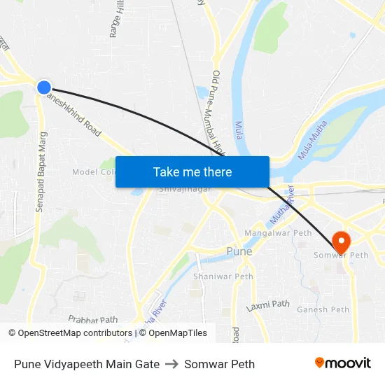 Pune Vidyapeeth Main Gate to Somwar Peth map