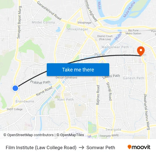 फिल्म इंस्टिट्यूट (लॉ कॉलेज रोड) to सोमवार पेठ map