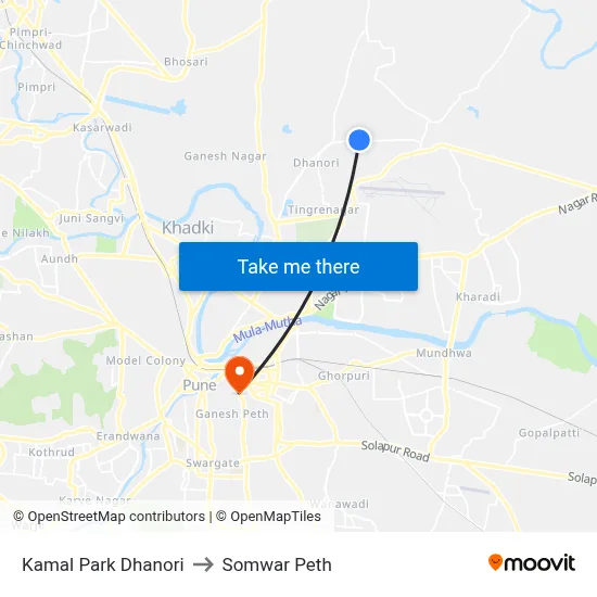 कमल पार्क धानोरी to सोमवार पेठ map