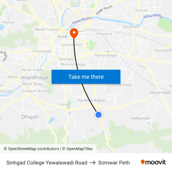 सिंहगड कॉलेज येवलेवाड़ी रोड to सोमवार पेठ map