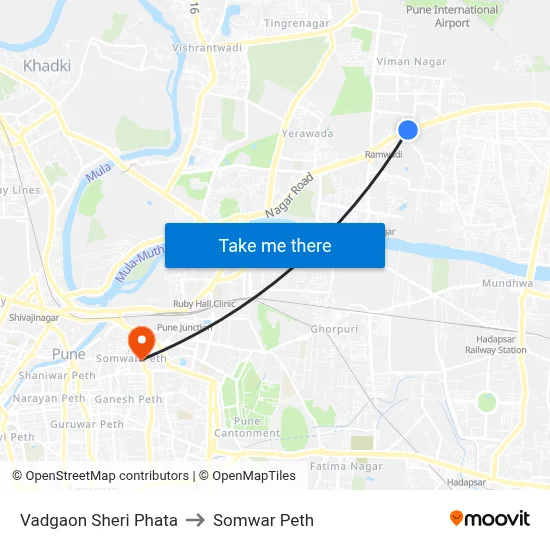 वडगाव शेरी फाटा to सोमवार पेठ map