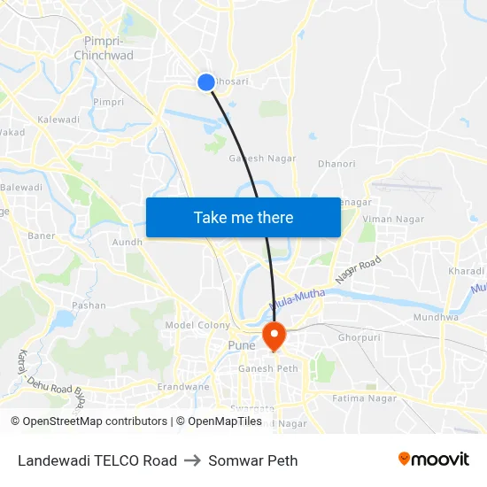 लांडेवाडी टेल्को रोड to सोमवार पेठ map