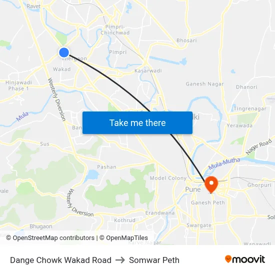 Dange Chowk Wakad Road to Somwar Peth map