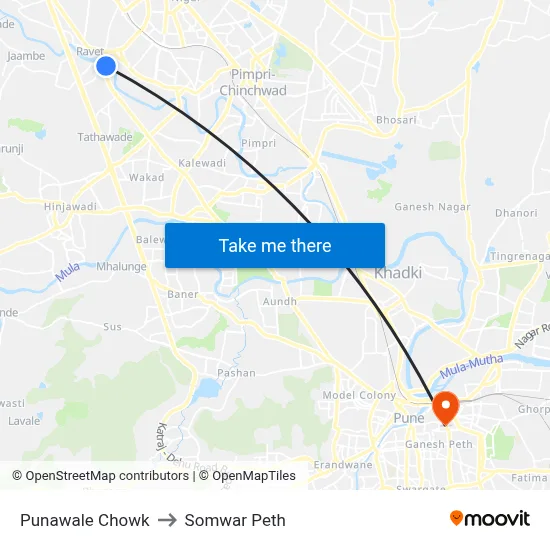 Punawale Chowk to सोमवार पेठ map