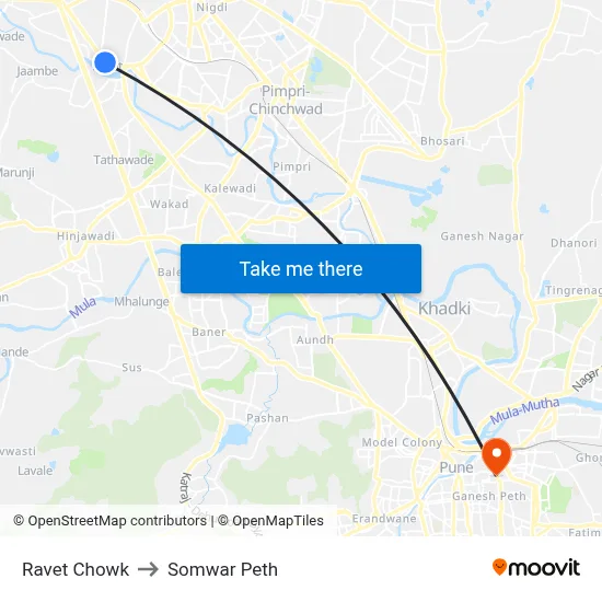 रावेत चौक to सोमवार पेठ map