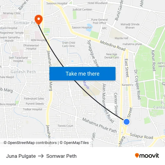 जुना पुलगेट to सोमवार पेठ map