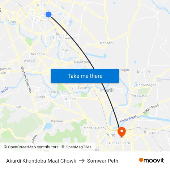 आकुर्डी खंडोबा माळ चौक to सोमवार पेठ map