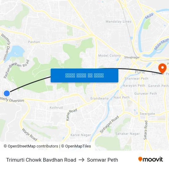 त्रिमूर्ति चौक बावधन रोड to सोमवार पेठ map