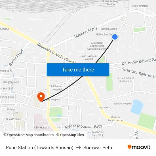 पुणे स्टेशन (भोसरी की ओर) to सोमवार पेठ map