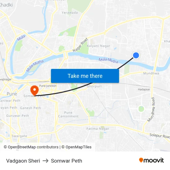 वडगाव शेरी to सोमवार पेठ map