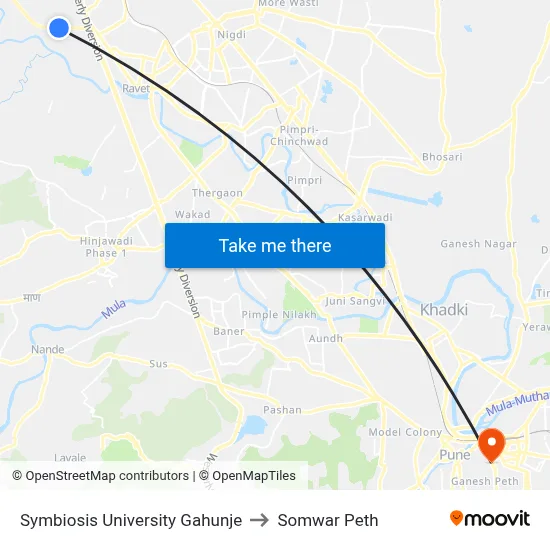 सिम्बायोसिस यूनिवर्सिटी गहुंजे to सोमवार पेठ map