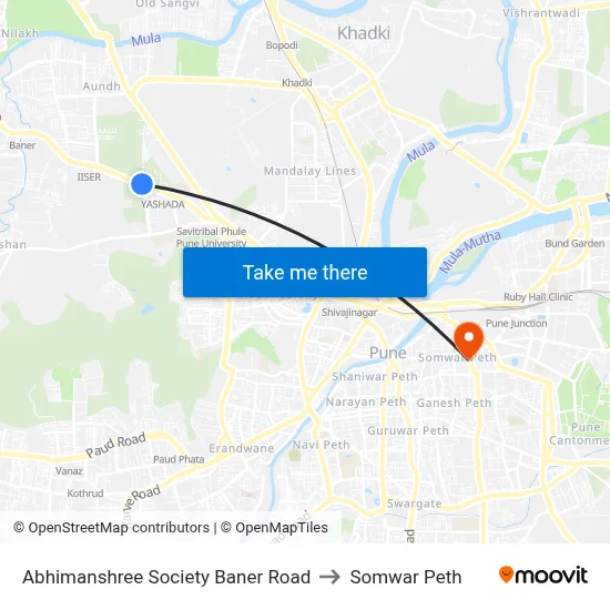 अभिमानश्री सोसाइटी बाणेर रोड to सोमवार पेठ map