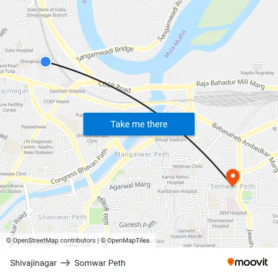 शिवाजीनगर to सोमवार पेठ map