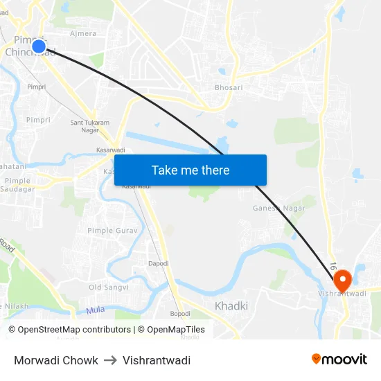 मोरवाडी चौक to विश्रांतवाडी map