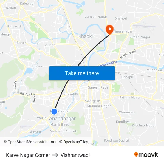 कर्वे नगर कॉर्नर to विश्रांतवाडी map