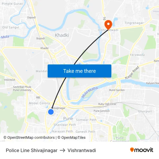 पोलीस लाइन शिवाजीनगर to विश्रांतवाडी map