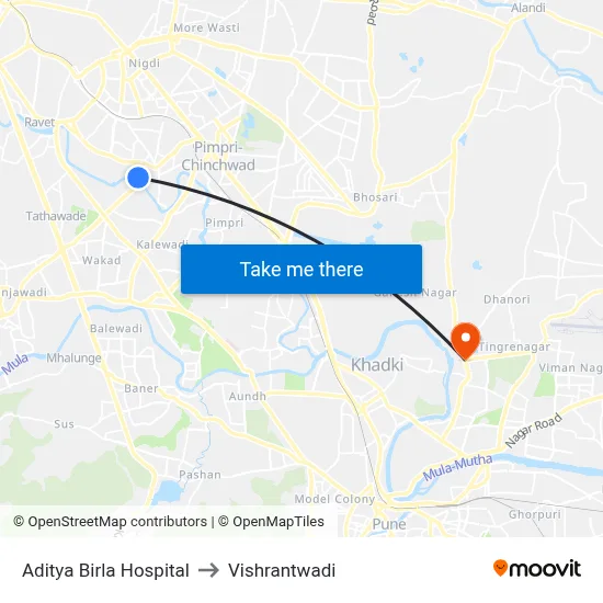 आदित्य बिड़ला हॉस्पिटल to विश्रांतवाडी map