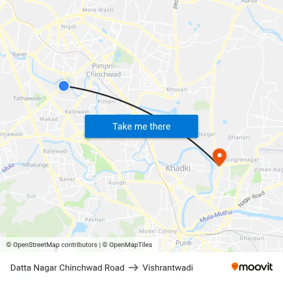 दत्त नगर चिंचवड रोड to विश्रांतवाडी map