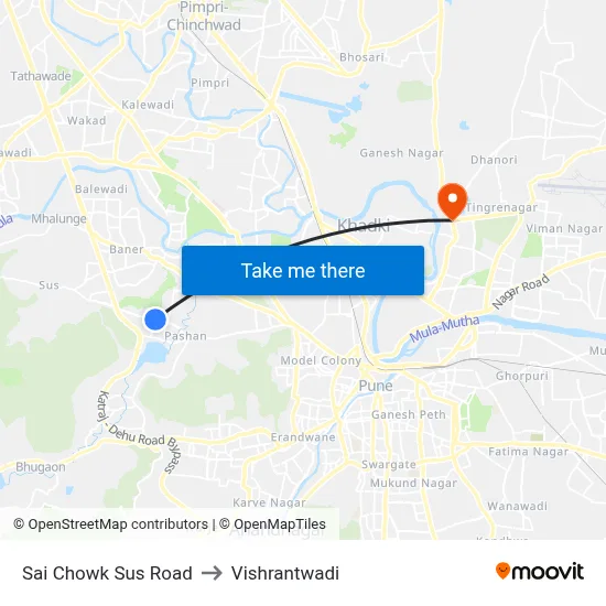 साई चौक सूस रोड to विश्रांतवाडी map