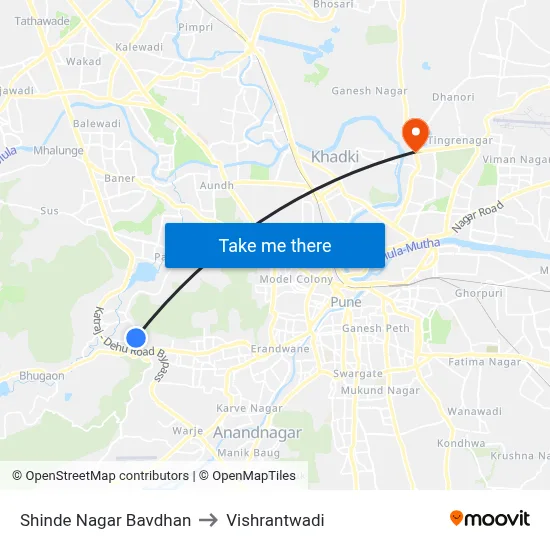 शिंदे नगर बावधन to विश्रांतवाडी map