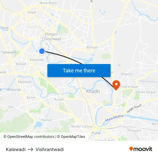कालेवाड़ी to विश्रांतवाडी map