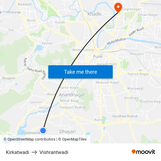 किरकटवाडी to विश्रांतवाडी map