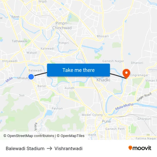बालेवाडी स्टेडियम to विश्रांतवाडी map