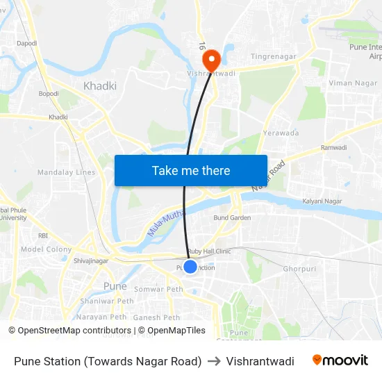 पुणे स्टेशन (नगर रोड की ओर) to विश्रांतवाडी map