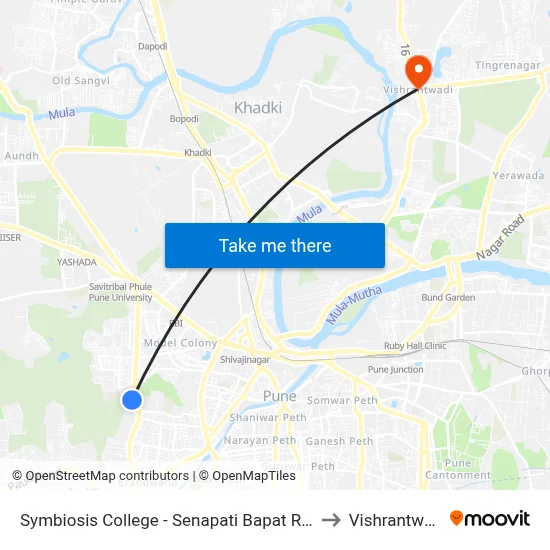 Symbiosis College - Senapati Bapat Road to विश्रांतवाडी map