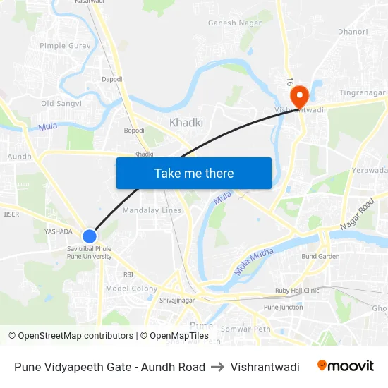 Pune Vidyapeeth Gate - Aundh Road to विश्रांतवाडी map