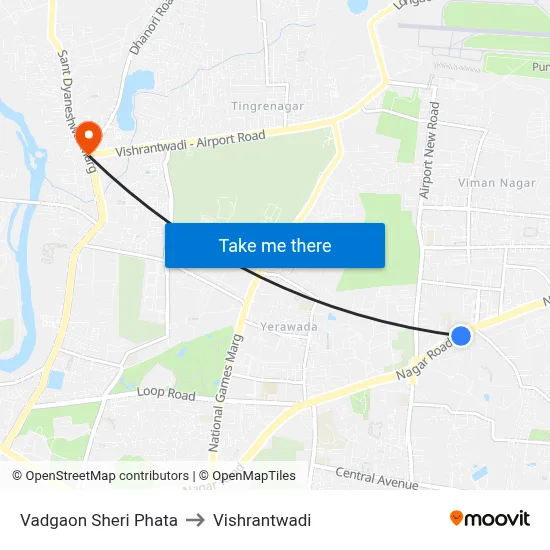 वडगाव शेरी फाटा to विश्रांतवाडी map