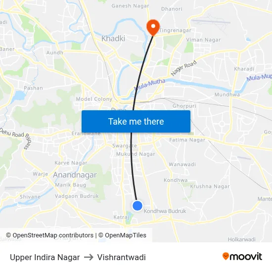 अप्पर इंदिरा नगर to विश्रांतवाडी map