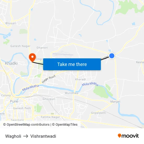 वाघोली to विश्रांतवाडी map