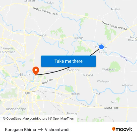 कोरेगांव भीमा to विश्रांतवाडी map