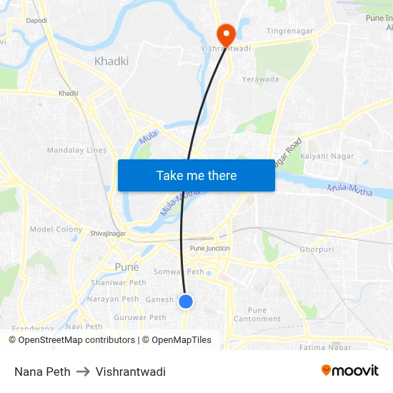 नाना पेठ to विश्रांतवाडी map