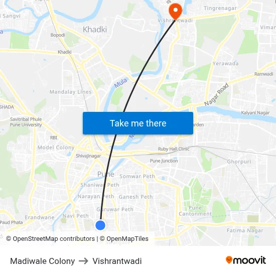 माडीवाले कॉलोनी to विश्रांतवाडी map