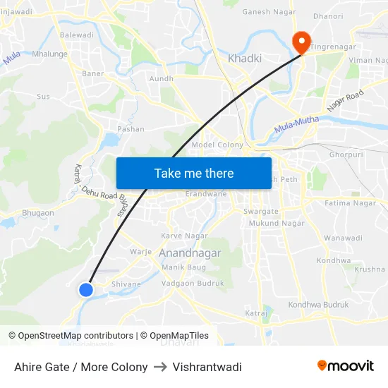 अहिरे गेट / मोरे कॉलोनी to विश्रांतवाडी map