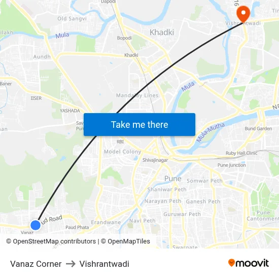 वनाज कॉर्नर to विश्रांतवाडी map