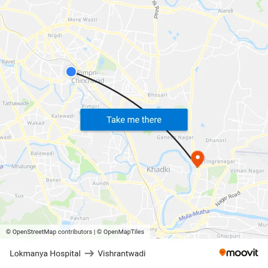 लोकमान्य अस्पताल to विश्रांतवाडी map