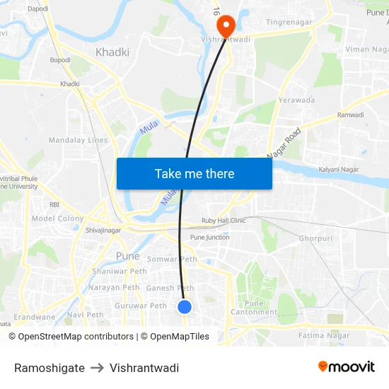 रामोशीगेट to विश्रांतवाडी map